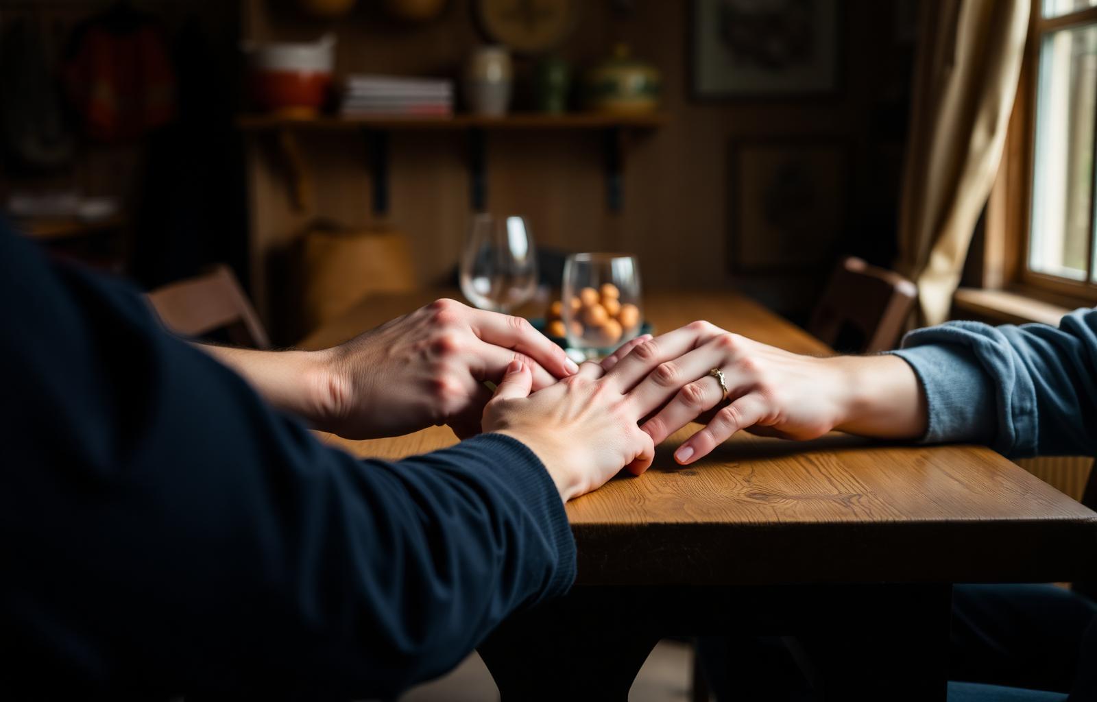 Twee paar handen die elkaar vasthouden boven een houten tafel