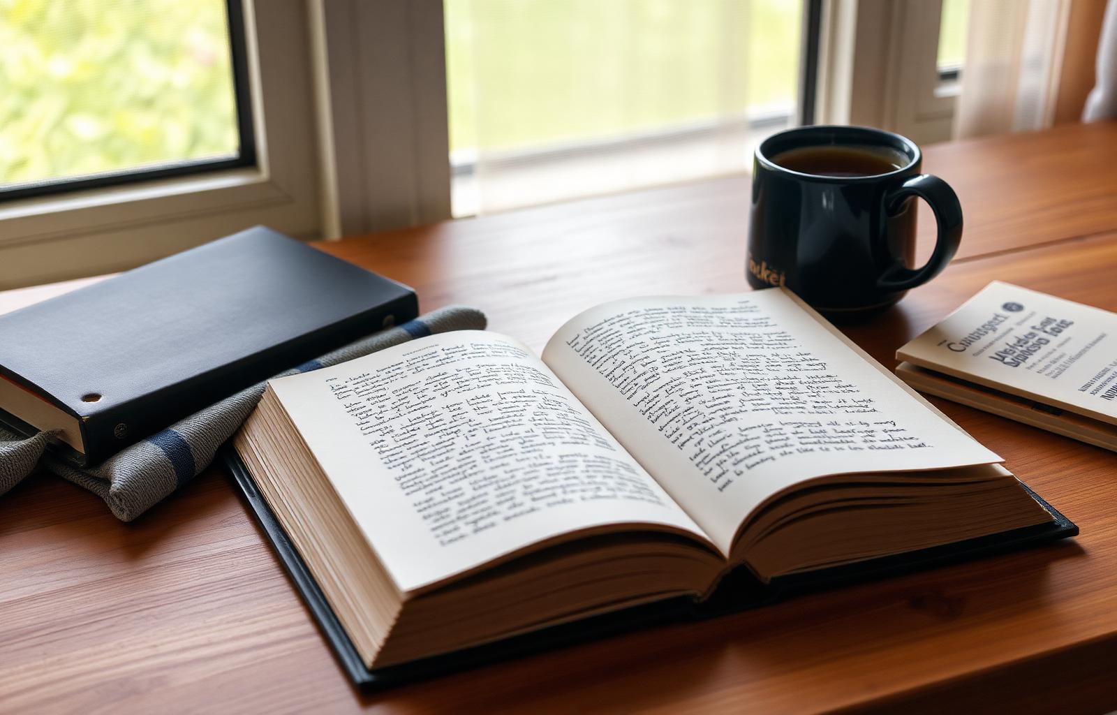 Een open notitieboek bij een kop koffie naast een raam