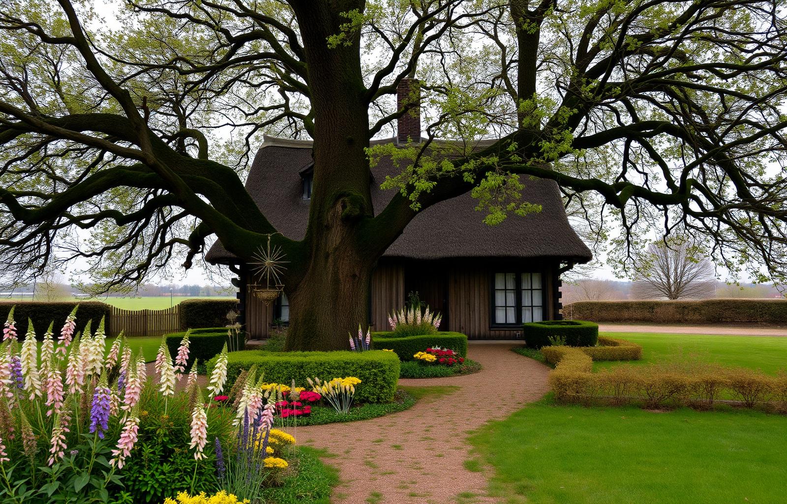 Een rustig Nederlands huis met een grote oude boom ervoor